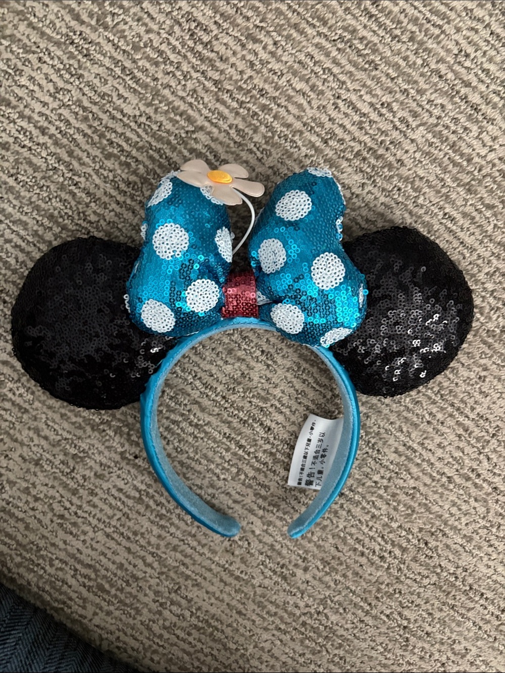 Disney Black Sequin Ear Headband with Blue Polka Dot Bow